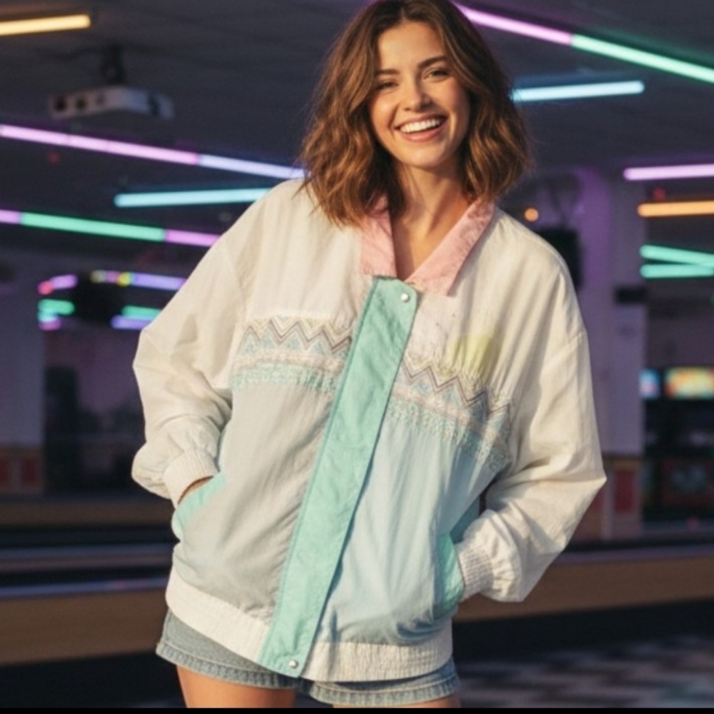 Vintage 90's RECREATION Windbraker Jacket Colorblock Retro Snap Buttons Zip